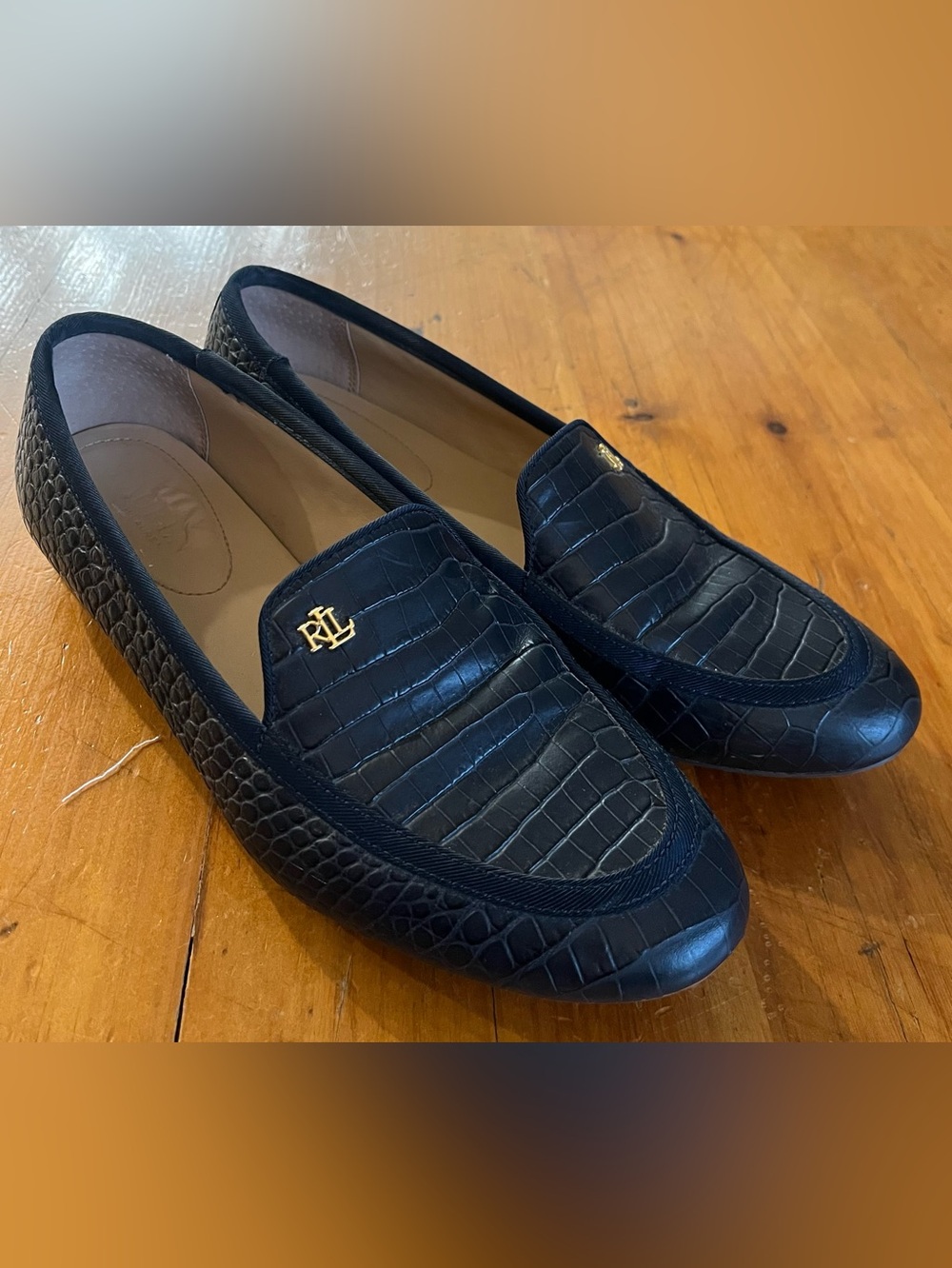 Lauren Ralph Lauren Clair Smoking Slippers Flat Navy Crocadile-Embossed Leather